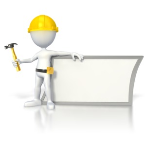 This clip art image shows a construction stick figure holding a hammer next to a blank sign.
