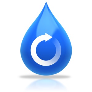 An image of a blue drop of water with a recycle/reuse icon in the center.