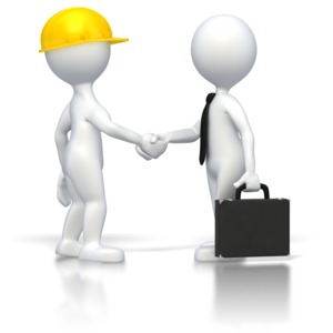 This clip art image shows a worker stick figure and a business stick figure shaking hands.