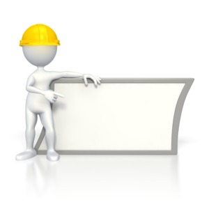 This clip art image shows a wroker stick figure pointing at a blank sign.