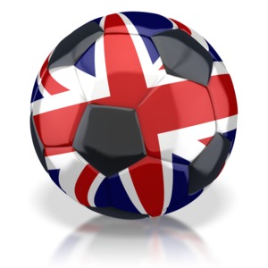 This clip art image shows a soccer ball with a United Kingdom flag on it.
