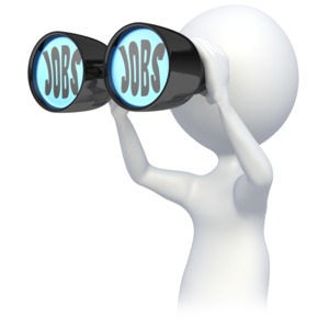 This clip art image shows a stick figure looking through a pair of job binoculars.  This graphic displays the concept of searching for job employment. 