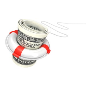 An image of a life buoy saving 100 dollar bills.