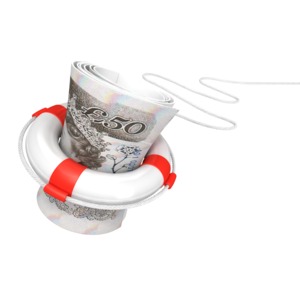 An image of a life buoy saving a bundle of 50 British Pounds.