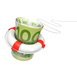 An image of a life buoy saving a bundle of 100 Euros.
