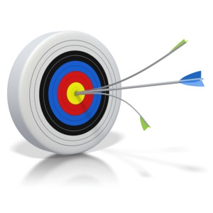 This clip art image shows a archery target with an arrow split in half by another arrow. 