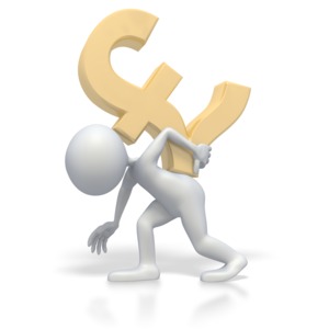 This clip art image shows a stick figure carrying the pound currency symbol on its back.