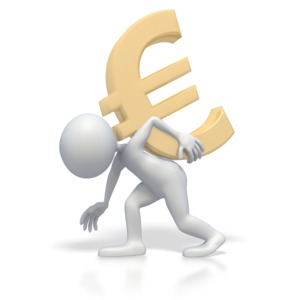 This clip art image shows a stick figure carrying the euro currency symbol on its back.
