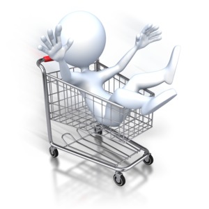 An image of a stick figure riding inside of a shopping cart.