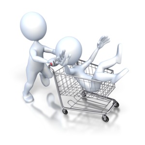 An image of a stick figure being pushed inside of a shopping cart.