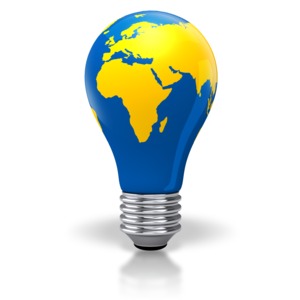 An image of the earth on a light bulb with the continents Africa, Europe and Asia.