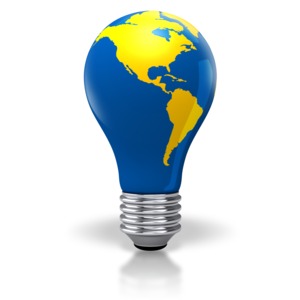 An image of the earth on a light bulb with the continents North and South America.