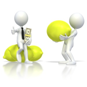 This clip art image shows a business stick figure selling a lemon to an ordinary stick figure.  This graphic displays the concept of being deceived, duped, swindled, fooled, tricked and ripped off. 