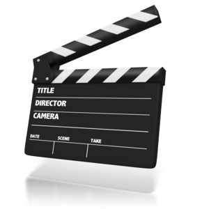Clipart of a movie clapboard.  The words title, director, and camera are on the board with room for text.