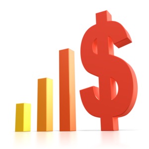 This clip art image shows a bar graph increasing in size and a large dollar symbol standing in place for the last bar.  This graphic displays the concept of growth, sales, increase, progress, and improvement financially. 