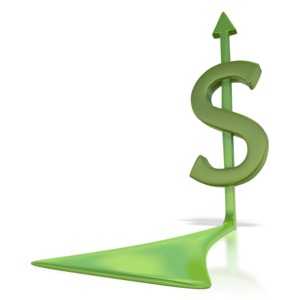 This clip art image shows a dollar sign symbol with a arrow running up through it.