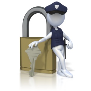 This clip art image shows a security figure leaning on a lock padlock while leaning on a key for the lock.  This graphic displays the concept of security, protection, and assurance. 