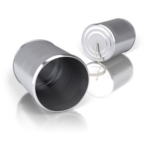 An image of two tins cans connected by a string.  A concept of communications and using old technology.  It could also be a metaphor of problems communicating.