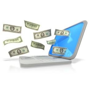 This clip art image shows money coming out of or going into a laptop computer screen.  This graphic displays concepts of investing money, losing money, and financial success.