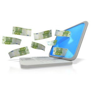 This clip art image shows money coming out of or going into a laptop computer screen.  This graphic displays concepts of investing money, losing money, and financial success.