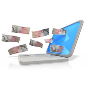 This clip art image shows money coming out of or going into a laptop computer screen.  This graphic displays concepts of investing money, losing money, and financial success.