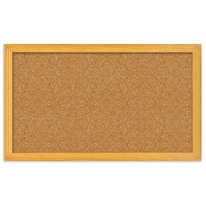An image of a blank bulletin board with wood frame.