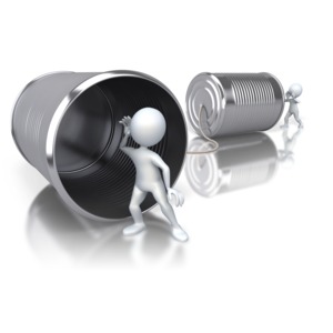 An image of two stick figures communicating through tin cans.