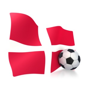 This clip art image shows Denmark&#039;s flag with a soccer ball sitting next to it. 