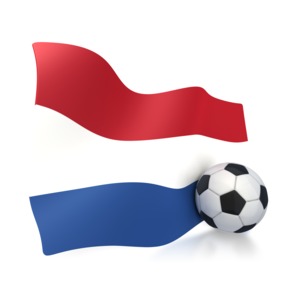 This clip art image shows Netherland&#039;s flag with a soccer ball sitting next to it. 