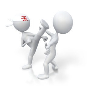 An image of a martial arts student kicking an opponent.