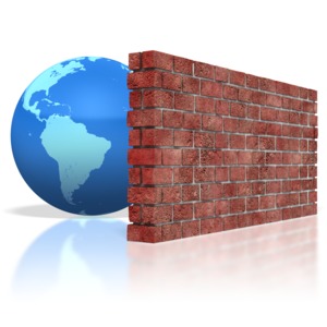 This clip art image shows a brick wall in front of the world.  This graphic display a concept of protection, insurance, security, and defense.