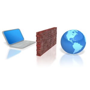 This clip art image shows a laptop computer with a brick wall between it and the world.  This graphic displays a concept of internet security, firewall defense, virus protection and privacy.