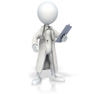 A 3D image of a doctor wearing a white lab coat and holding a clipboard.