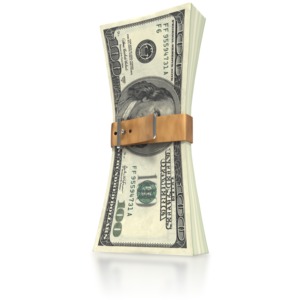 This clip art image shows a group of one hundred dollars held together with a latched belt buckle. This graphic displays a concept of being tight, thrifty, frugal and careful with you finances.