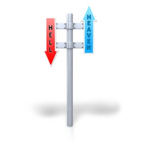 An image of a traffic sign with heaven pointing up and hell pointing down.