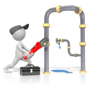 This clip art image shows a plumber stick figure fixing a leak on some pipes.