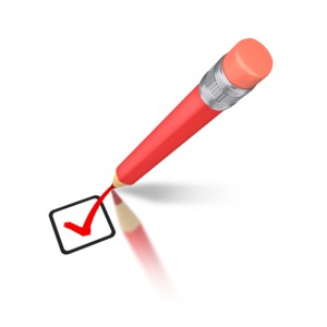 An image of a pencil drawing a red check mark in a box.