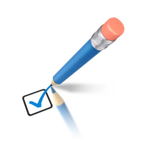 An image of a pencil drawing a blue check mark in a box.