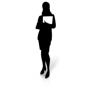An image of a businesswoman/teacher silhouette holding documents.