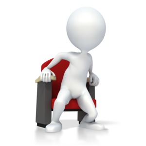 A 3D stick figure leans forward in their chair in suspense.  A concept of capturing your audiences attention.