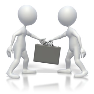 Two stick figures swap a briefcase in this clip art image.  This graphic displays a concept of a business agreement, transaction, deal or purchase. 