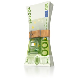 In this clip art image a group of one hundred euros are held together with a latched belt buckle. This graphic displays a concept of being thrifty, tight, frugal and careful with you finances.