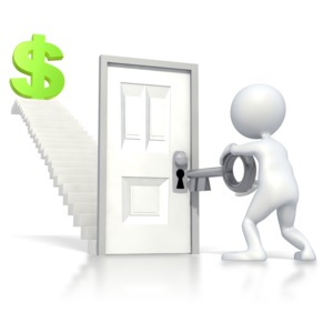 A stick figure gets ready to unlock a door to stairs leading to a big money symbol. This clip art image displays a concept of unlocking financial success,  key to a promotion, and key to finding wealth.  