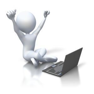 An image of a stick figure raising hands in front of computer.