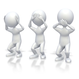 Three stick figures stand in the hear, see, and speak no evil poses.