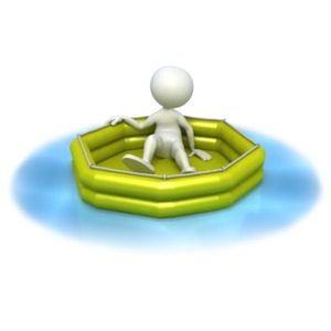 This clip art image shows a stick figure in a life raft stranded in the water.