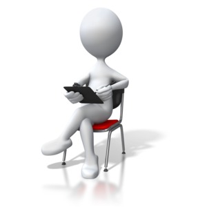 An image of a stick figure sitting on a chair with a pen and clipboard.