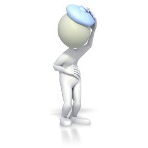 A sick 3D stick figure holds its belly with one hand and with the other cools a fever with a cool ice pack on its head.