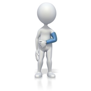 This clip art image shows a stick figure with a broken arm.
