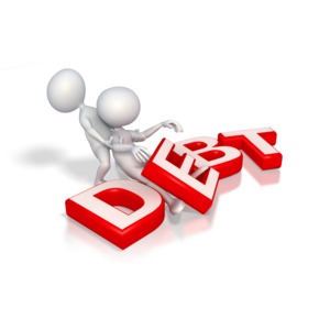 In this clip art one stick figure helps another out from underneath large text spelling the word debt.  
